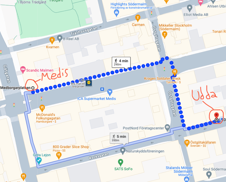 Karta över promenadvägen från Medborgarplatsen till UDDA på Kocksgatan 19